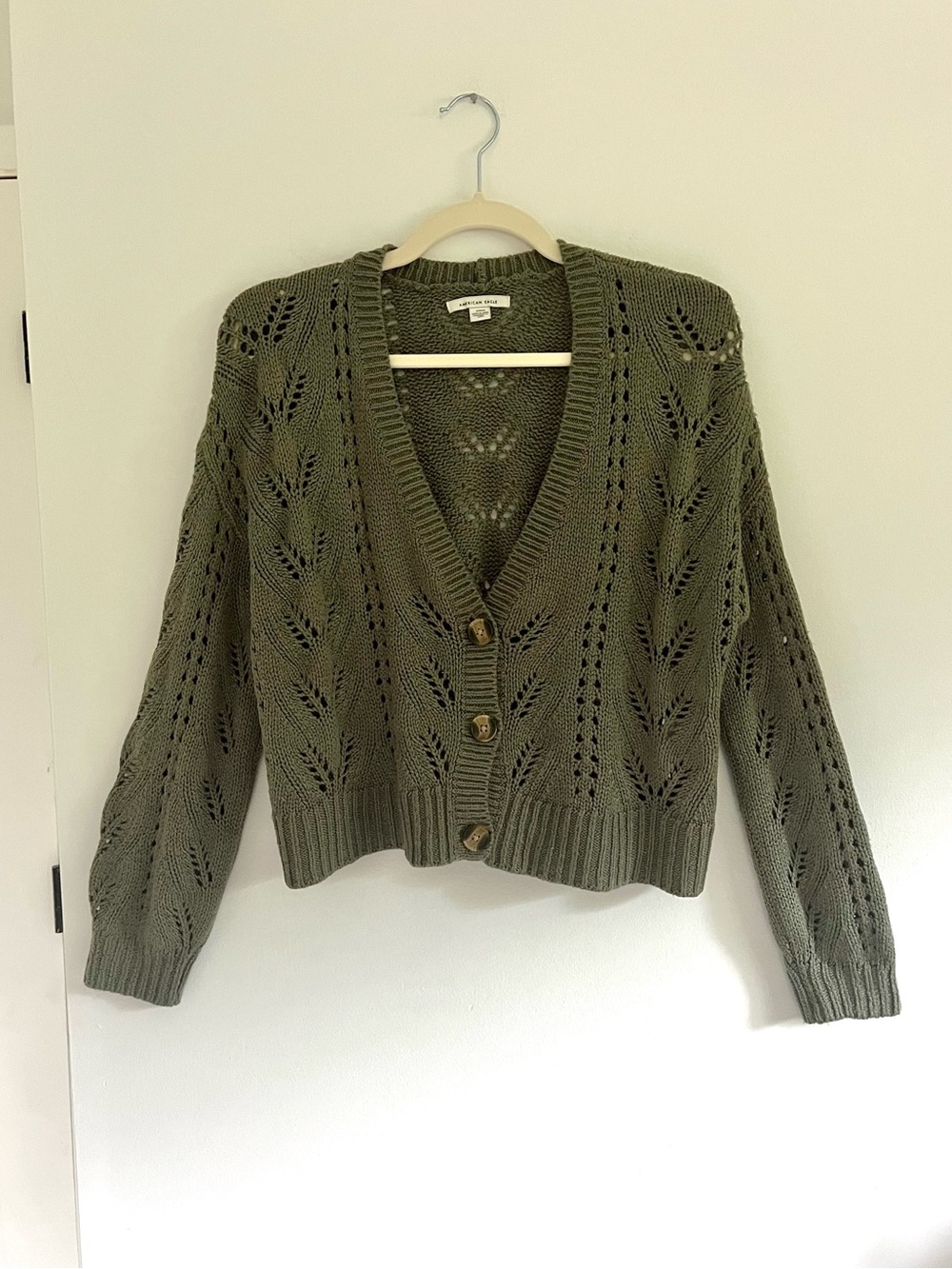 American Eagle Outfitters Olive Pointelle Open Knit V-Neck Button Front Cardigan
